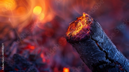 A macro shot of a burntout matchstick, showcasing ember glow remnants against a vivid background  8K , high-resolution, ultra HD,up32K HD photo