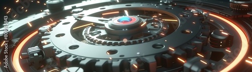 An innovative time control module with holographic gears, digital levers, and neon highlights, evoking a futuristic feel
