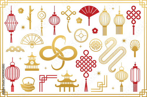 Chinese 2025 New year of the snake. Chinese asian clipart. Traditional Pattern