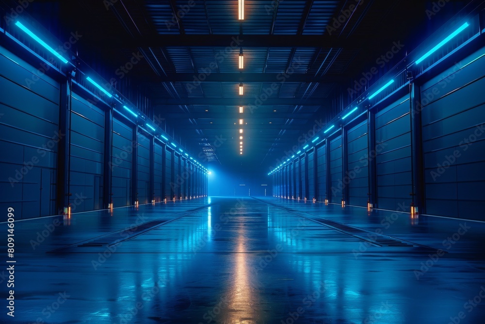 A long, empty, blue hallway with a bright blue light shining down on it A long, empty, blue hallway with a bright blue light shining down on it