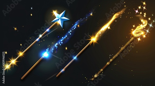 Enchanting magic wands with sparkling trails, stars and glowing effects on a dark background