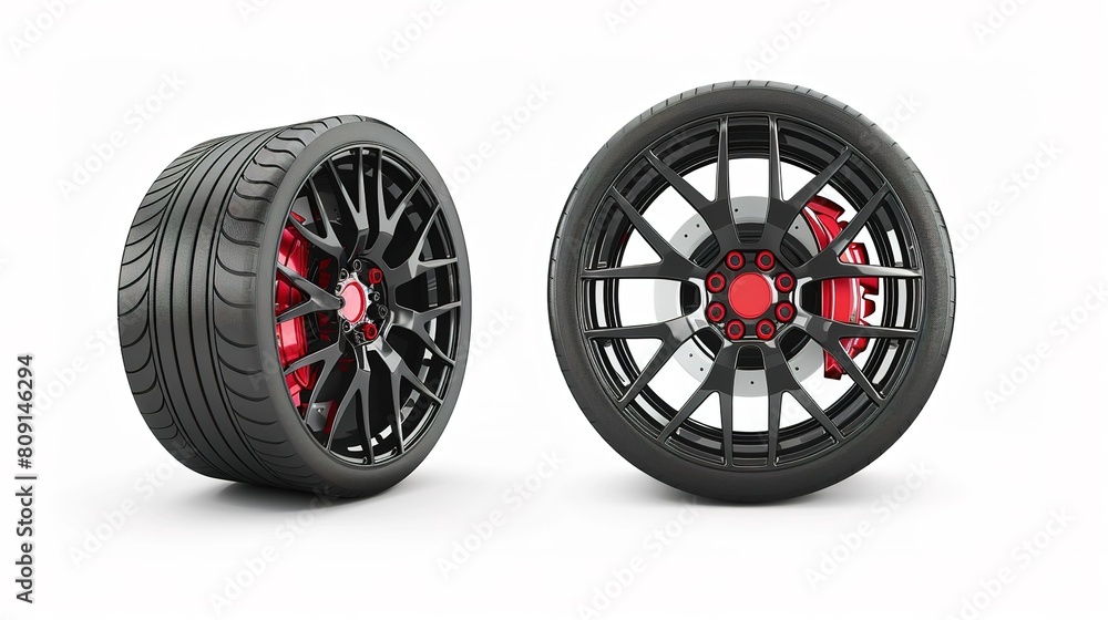 High performance car wheels with detail view of black alloy wheels and red brake calipers isolated on white background