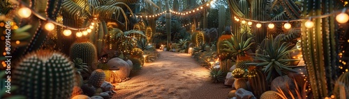 A picturesque garden filled with lush cacti, decorated with festive lighting, perfect for an outdoor Cinco de Mayo celebration 8K , high-resolution, ultra HD,up32K HD