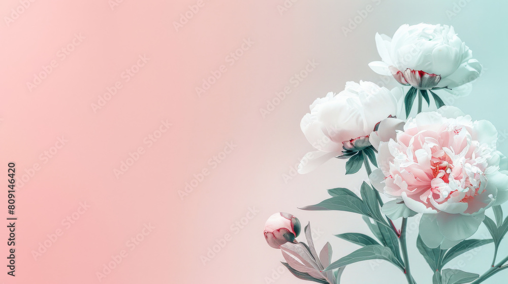 Elegant white peony flowers bloom gracefully against a soothing pastel pink and blue gradient background, conveying tranquility and natural beauty