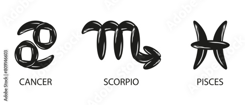 3D vector Zodiac Signs isolated transparent background. Set Zodiac symbols in trendy Chrome Metal Ballonns style. Cancer, Scorpio, Pisces Astrology elements of water