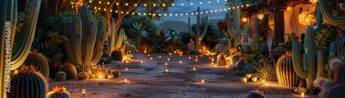 A beautifully lit cacti garden, creating a festive atmosphere for an outdoor Cinco de Mayo party  8K , high-resolution, ultra HD,up32K HD photo