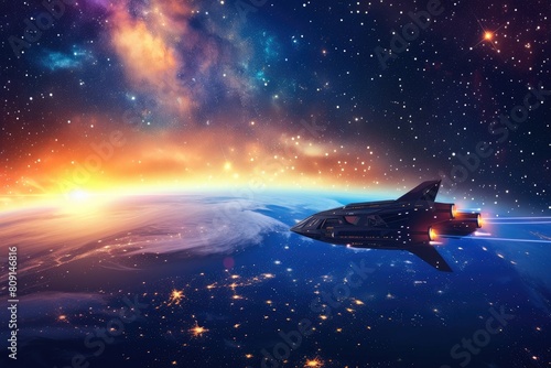 Starry Spacescape with Orbiting Spaceship  Vector Graphic