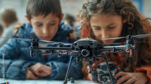 Technology fluency Young learners programming a drone in a quiet classroom, showcasing creativity and tech skills  8K , high-resolution, ultra HD,up32K HD photo