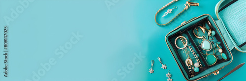 Travel jewelry organizer web banner. Jewelry organizer isolated on teal background with copy space.