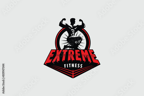 fitness, boxing and bodybuilding club badge emblem style logo vector with muscular body builder silhouette and boxing ring creatively placed