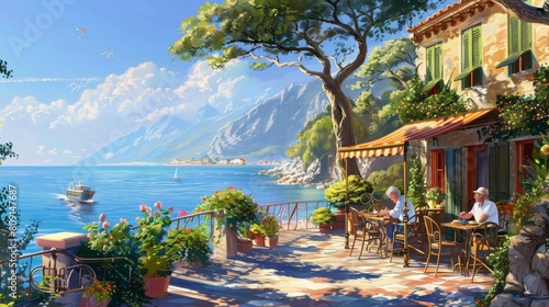 Serene mediterranean morning. elderly couple enjoying sunny day at seafront cafe photo