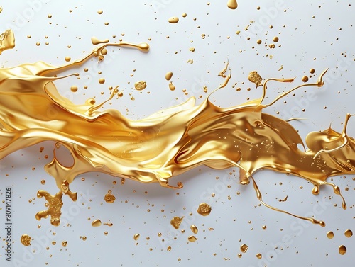Golden paint splashes against white background.