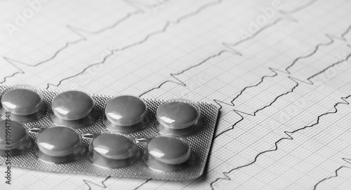 black and white medical pills on the background of a cardiogram