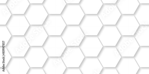 Abstract pattern with hexagonal white and gray technology line paper background. Hexagonal 3d vector grid tile and mosaic structure mess cell. white and gray hexagon honeycomb geometric copy space.