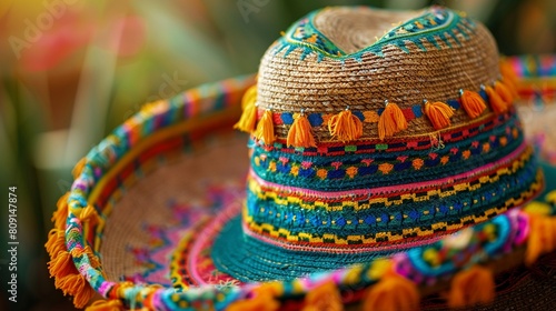 Colorful tradition Closeup of a Mexican sombrero, showcasing vibrant embroidery and traditional hat craftsmanship  8K , high-resolution, ultra HD,up32K HD photo