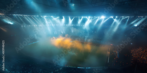 Lighting at a sporting event with fog and smoke Atmospheric Lighting with Fog and Smoke Dramatic Illumination in Sports Arena   