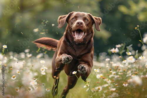 Chocolate retriever dog running in the meadow