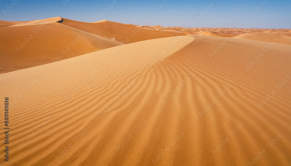 A vast desert with rolling sand dunes under a clear blue sky. A vast desert with rolling sand dunes under a clear blue sky.