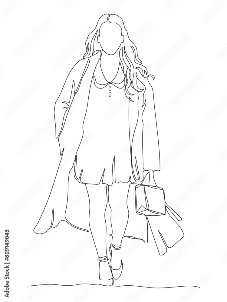 Woman with long hair holding shopping bag walking. Continuous line drawing. Black and white vector illustration in line art style. Woman with long hair holding shopping bag walking. Continuous line drawing. Black and white vector illustration in line art style.