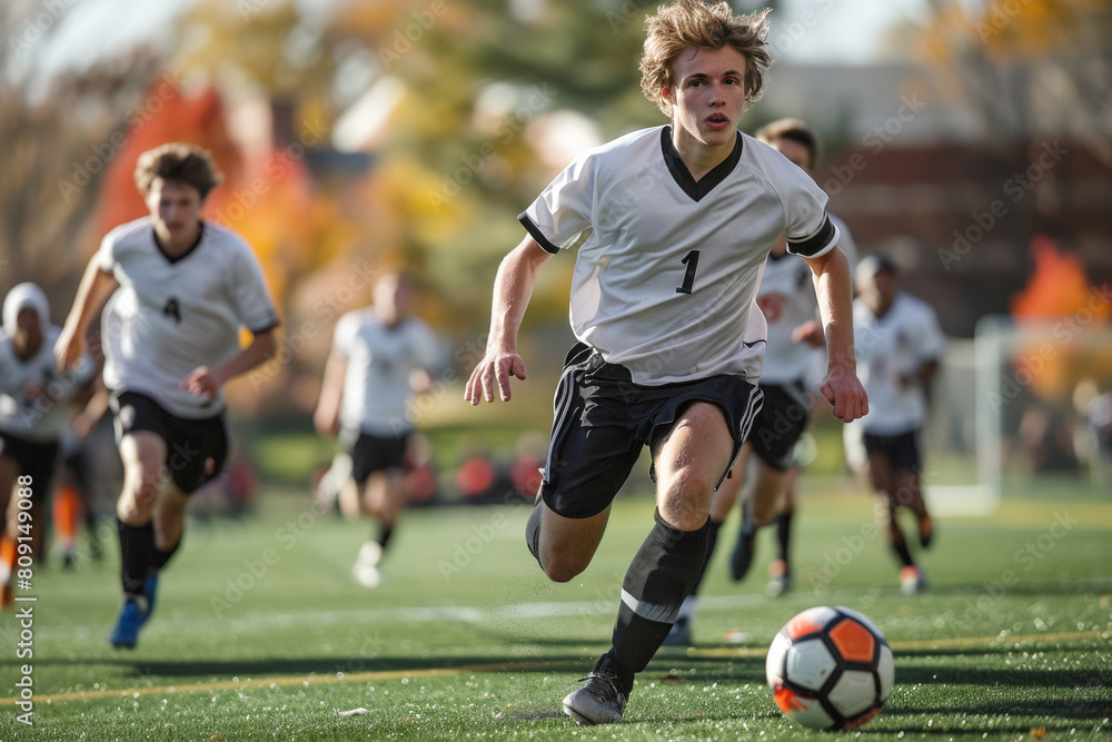 A young man runs and plays football in a tournament, showcasing his skills on the green stadium grass. A young man runs and plays football in a tournament, showcasing his skills on the green stadium grass.