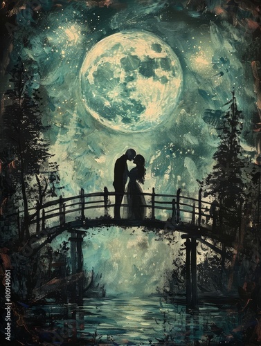 Intimate Connection Amidst the Northern Lights A Couples Passionate Kiss on a Bridge Under the Full Moon