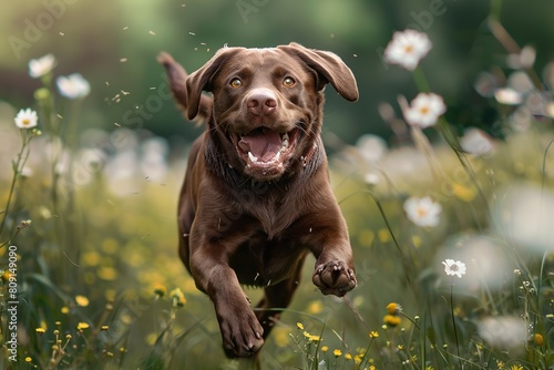 Chocolate retriever dog running in the meadow