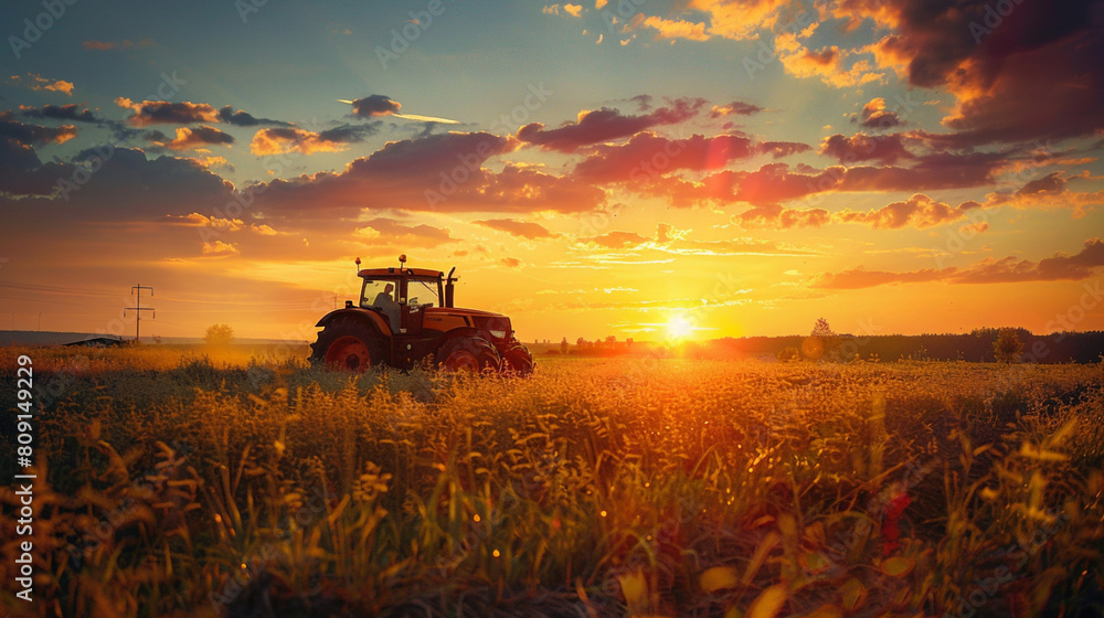 Fototapeta premium Modern tractor actively spraying crops on a vast farm with a dramatic sunset in the background 