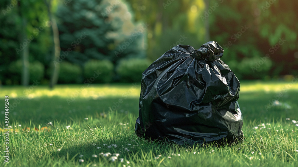 Dark waste sack on green lawn Dark waste sack on green lawn