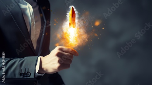Businessman man hand touching rocket launch investment growth. Corporate business concept