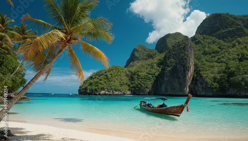 A boat moored on a sandy beach with palm trees in the background under a clear blue sky.