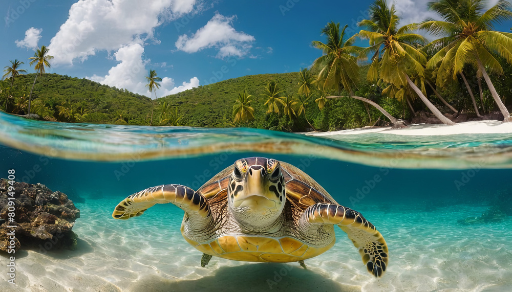 Obraz premium A turtle gracefully swims in the ocean, with lush palm trees in the background.