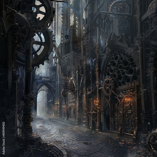 A steampunk city street with gothic architecture, gears, clocks, and cobblestone streets on a foggy day photo