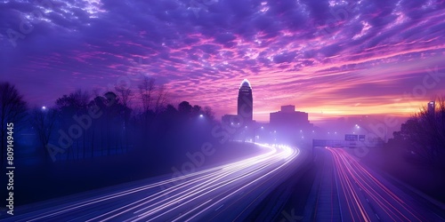 Vibrant sunrise in Charlotte NC during busy morning commute with fog. Concept Sunrise Photography  Cityscape Shots  Foggy Morning  Charlotte NC  Morning Commute