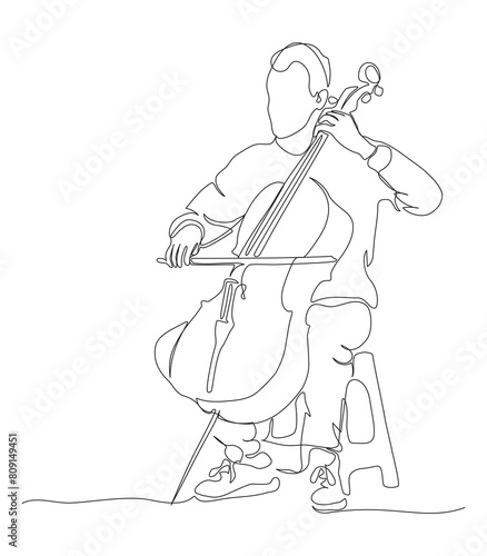 Man playing violoncel. Musician. Continuous line drawing. Black and white vector illustration in line art style.