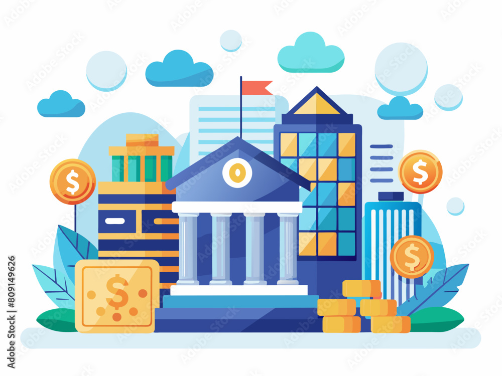 A contemporary building stands amidst stacks of coins and various icons symbolizing finance and technology, Online banking platform,flat illustration