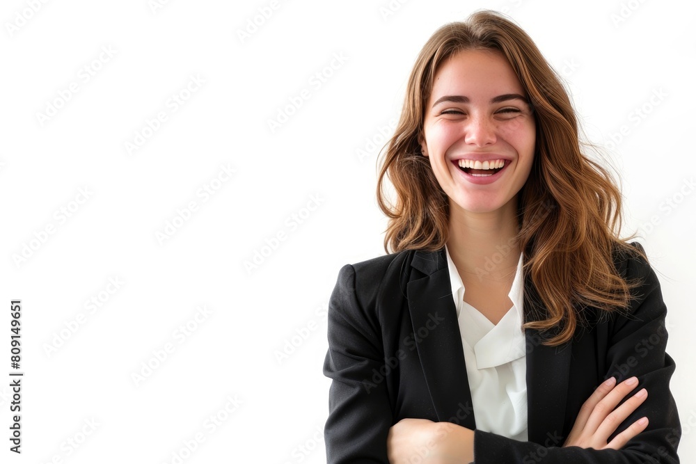 Confident female executive laughing, white background Confident female executive laughing, white background