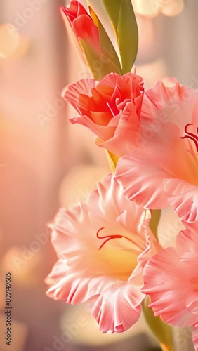 Gladioli, sword-Lilies, multicolored gladioli bloom the blue sky with sunlight shining. Close-up of gladiolus flowers. Bright gladioli bloom in summer. Large flowers and buds on a colorful sparkling b