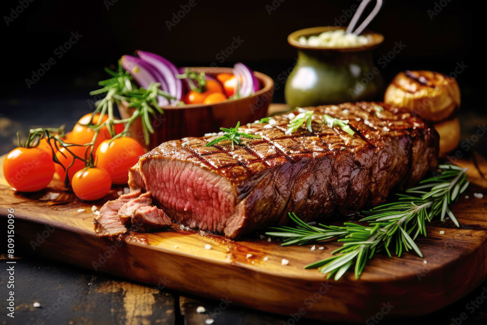generated illustration of grilled medium rib eye steak with rosemary and pepper. generated illustration of grilled medium rib eye steak with rosemary and pepper.
