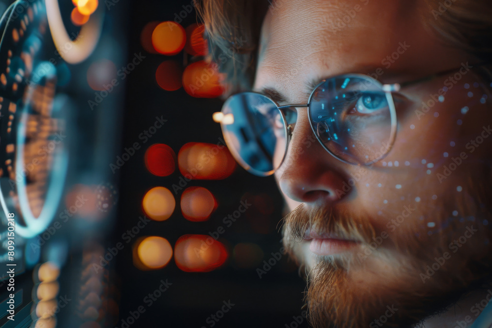 A man wearing glasses looks at a computer screen A man wearing glasses looks at a computer screen