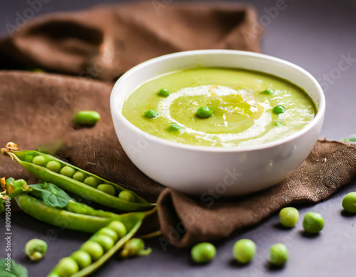 fresh pea cream in elegant bowl, gourmet cuisine photo