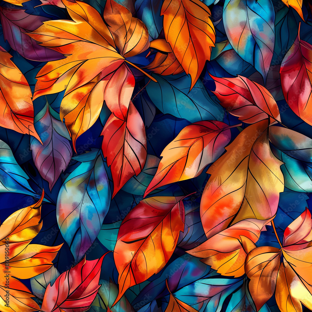 A Background Featuring a Mix of Colorful Autumn Leaves in Red, Orange, Blue, Yellow, and Brown A Background Featuring a Mix of Colorful Autumn Leaves in Red, Orange, Blue, Yellow, and Brown