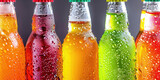 Plastic bottles assorted, variety of carbonated different drinks. Closeup background.