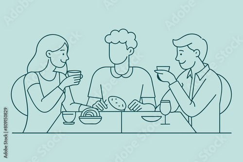 continuous line drawing of company of friends dining in restaurant vector design