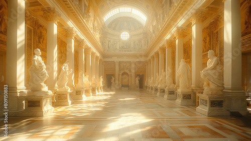 An immersive photograph showcasing the intricate marble carvings and ornate pediments of a classical Roman building, with sunlight casting dramatic shadows across the architectural photo