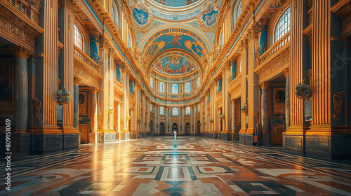 A dramatic photograph featuring the iconic dome of a Baroque basilica, with intricate frescoes, gilded decorations, and a celestial ceiling painting, creating a visually enchanting photo