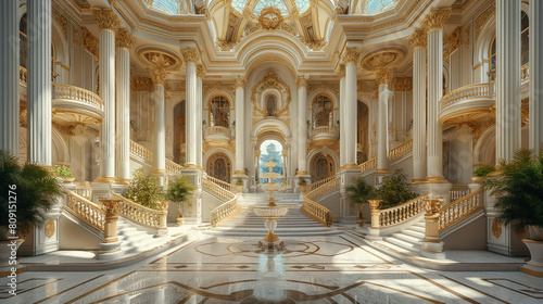 An immersive photograph showcasing the majestic colonnades and grand staircase of a classical Baroque palace, with ornate façades, sculpted gardens, and a regal fountain, creating photo