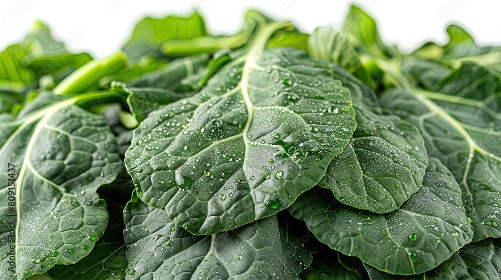 Obraz premium Fresh and healthy green kale leaves with water drops.