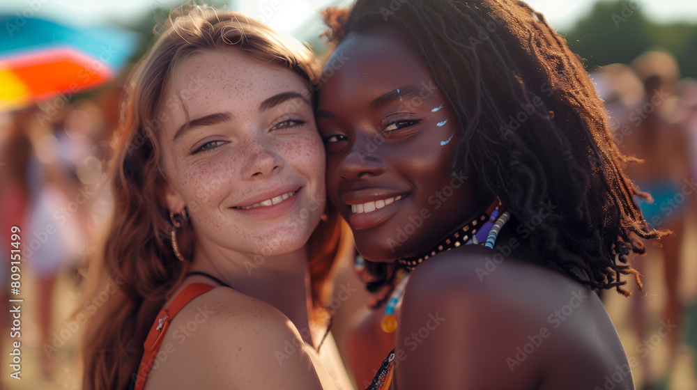 Cheerful friends lesbian girls at the music festival Cheerful friends lesbian girls at the music festival