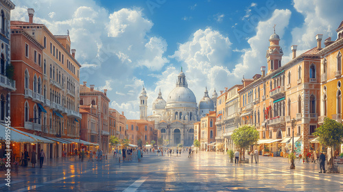 An artistic representation of a classical Renaissance square, with elegant palazzos, charming cafés, and bustling markets, creating a visually vibrant and lively scene of urban lif photo