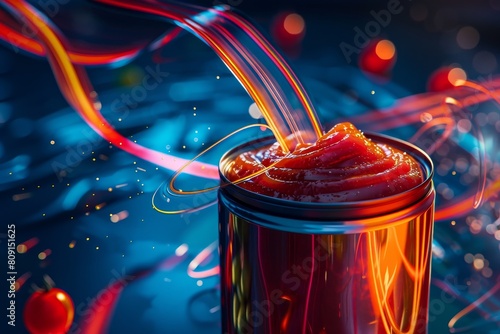 A 3D rendering of a can of tomato sauce with neon liquid being poured into it, A 3D rendering of a can of tomato sauce with neon glowing accents